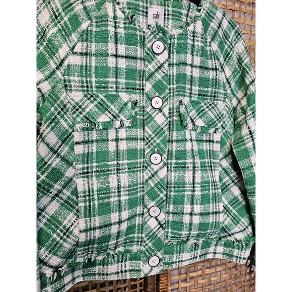 Cabi Library Women's MJacket Green White Black Plaid Tweed Blazer fringe hem - Picture 8 of 8
